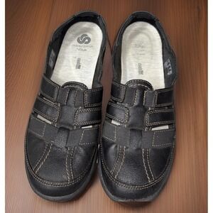Clarks Cloudsteppers Fiana Coast Slip-On Strappy Flats Black Leather‎ Size 9.5